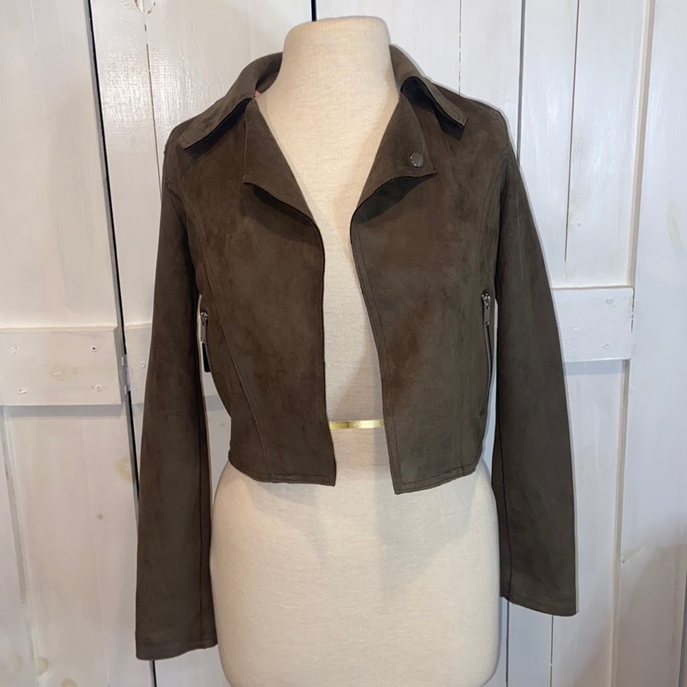 By Anthropologie Olive Green Faux Suede Open Cropped Jacket